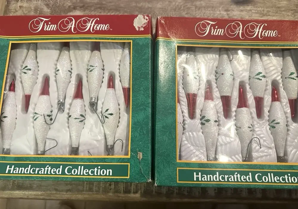 2-VTG Trim A Home Kmart Tear Drop Red White Green Glitter Glass Ornament Xmas